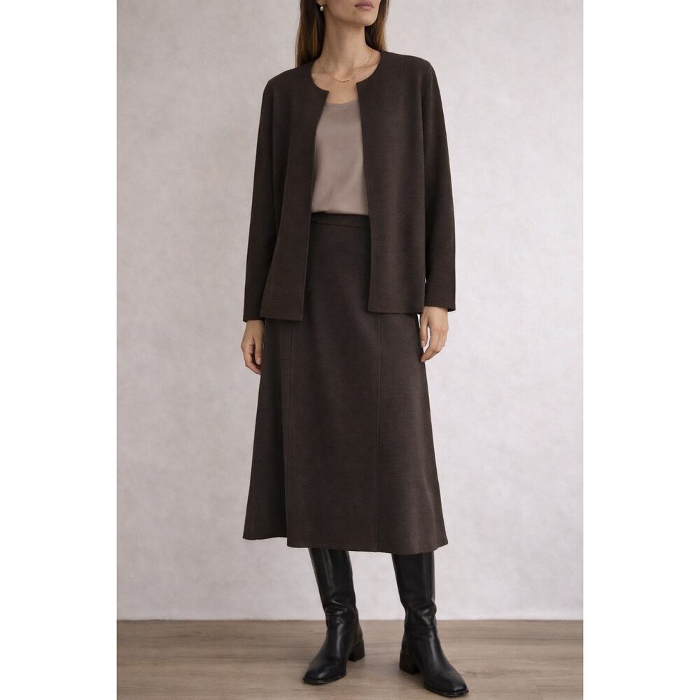Vintage Eileen Fisher Midi Skirt Set Cardigan Chocolate Brown Large USA